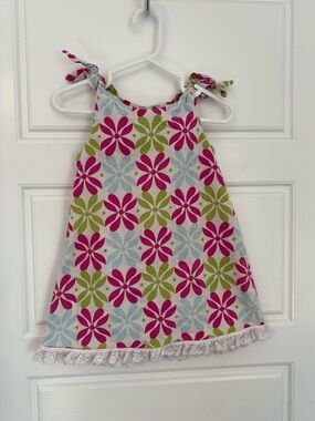 Handmade Girls Floral Tie-Shoulder Sundress Blue Pink Green - size estimated